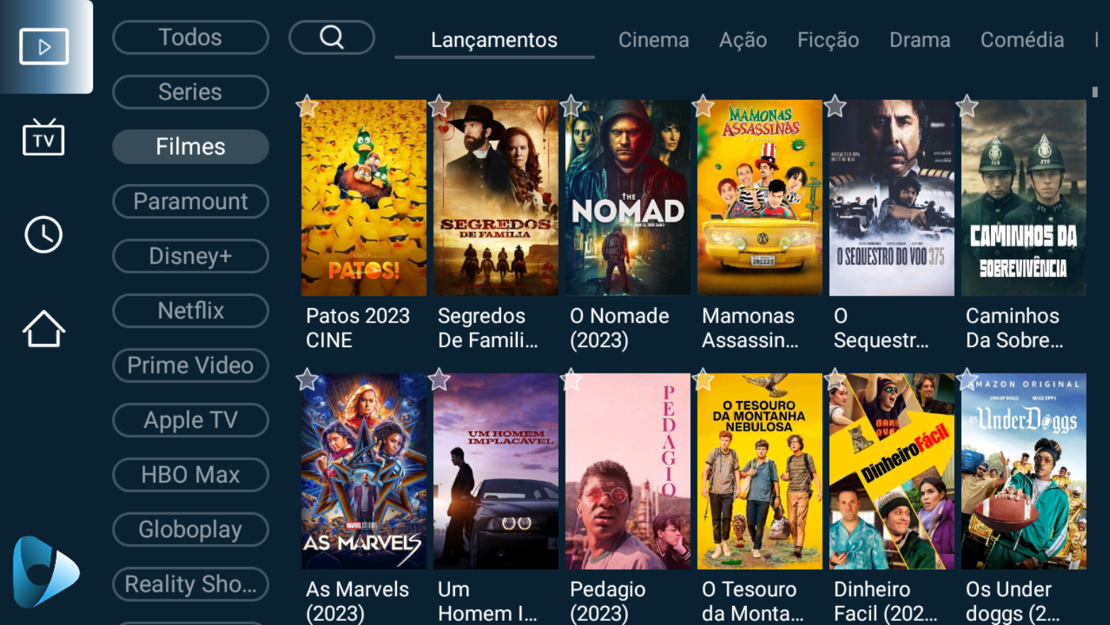 Interface do aplicativo UnicardTv com catálogo de filmes e streamings